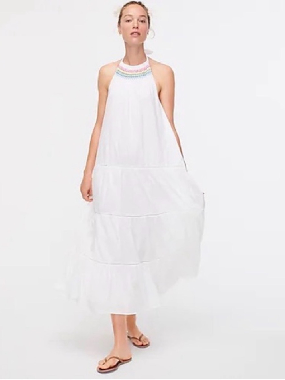 J. Crew White Halter Maxi Dress with Pastel Beaded Neckline